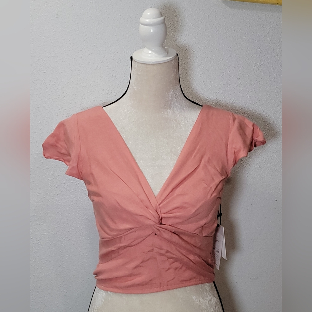 NWT Japna SMOCKED Crop Top Neutral Pink FauxWrap Linen Blend Size L Preppy Boho